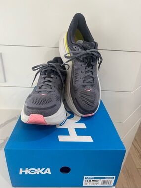 Hoka Women's Gray Running Sneakers with Pink and Yellow Accents